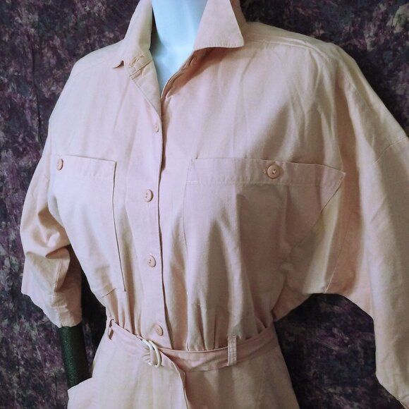 Vintage 80s Byer Too! Shirtwaist Dress -M(8) Pockets Buttons Power Shoulder Pink - Picture 3 of 14